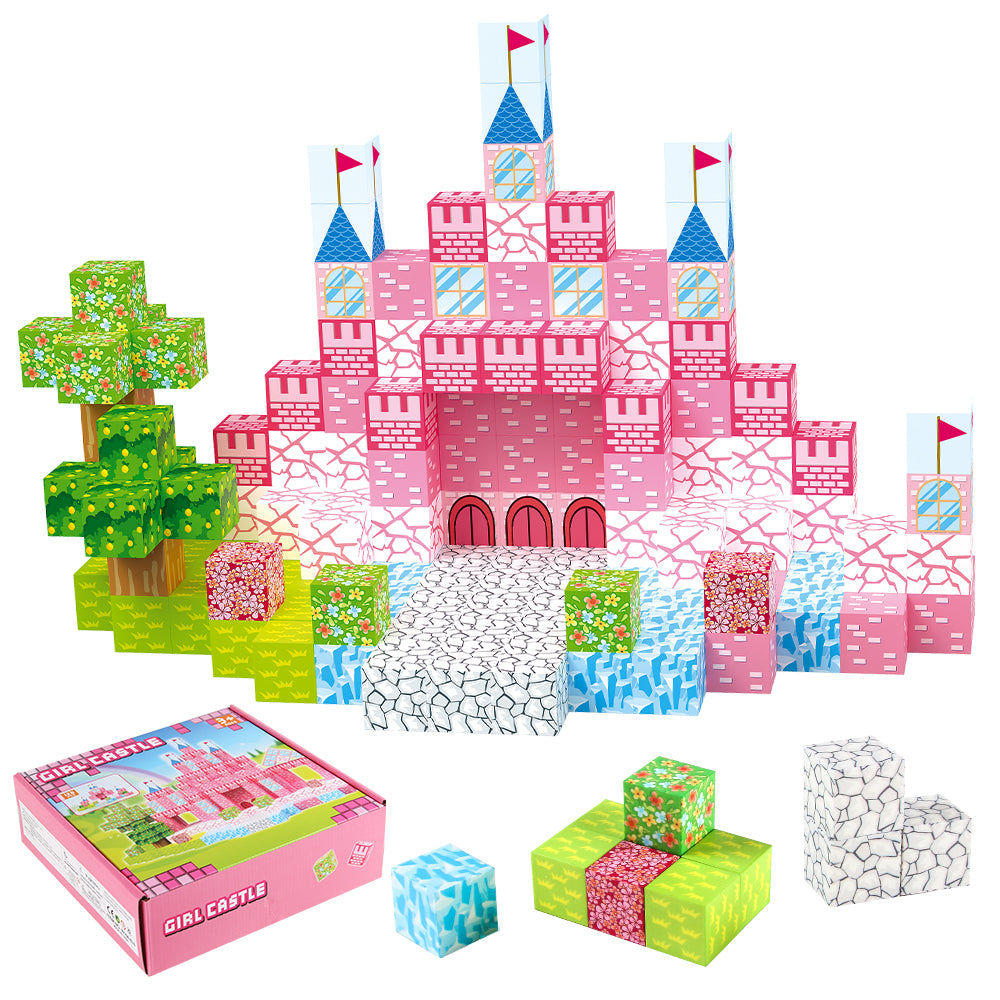 128 piece pink castle magnetic building blocks complete set – MillieFun