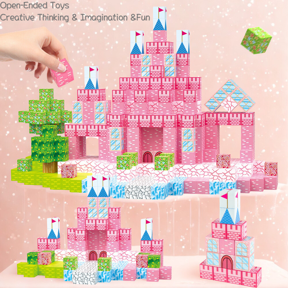 Pink castle magnetic building blocks aerial layout display