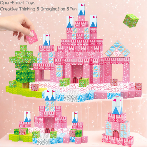 Pink castle magnetic building blocks aerial layout display