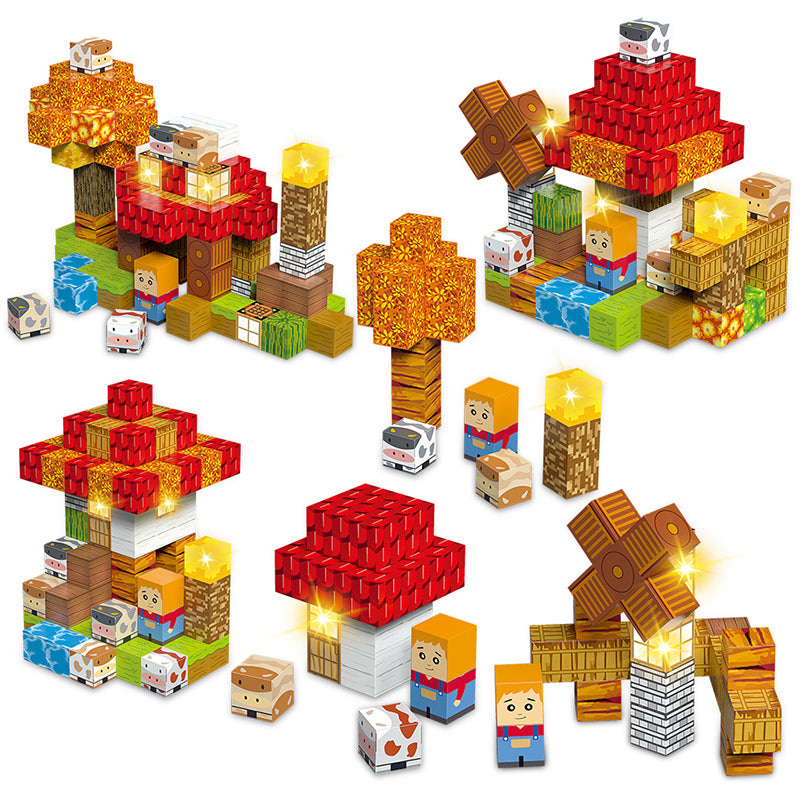 Farm magnetic building blocks farmhouse and windmill scene