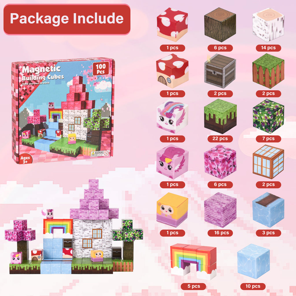 Child building fairy tale scene with unicorn magnetic cube blocks