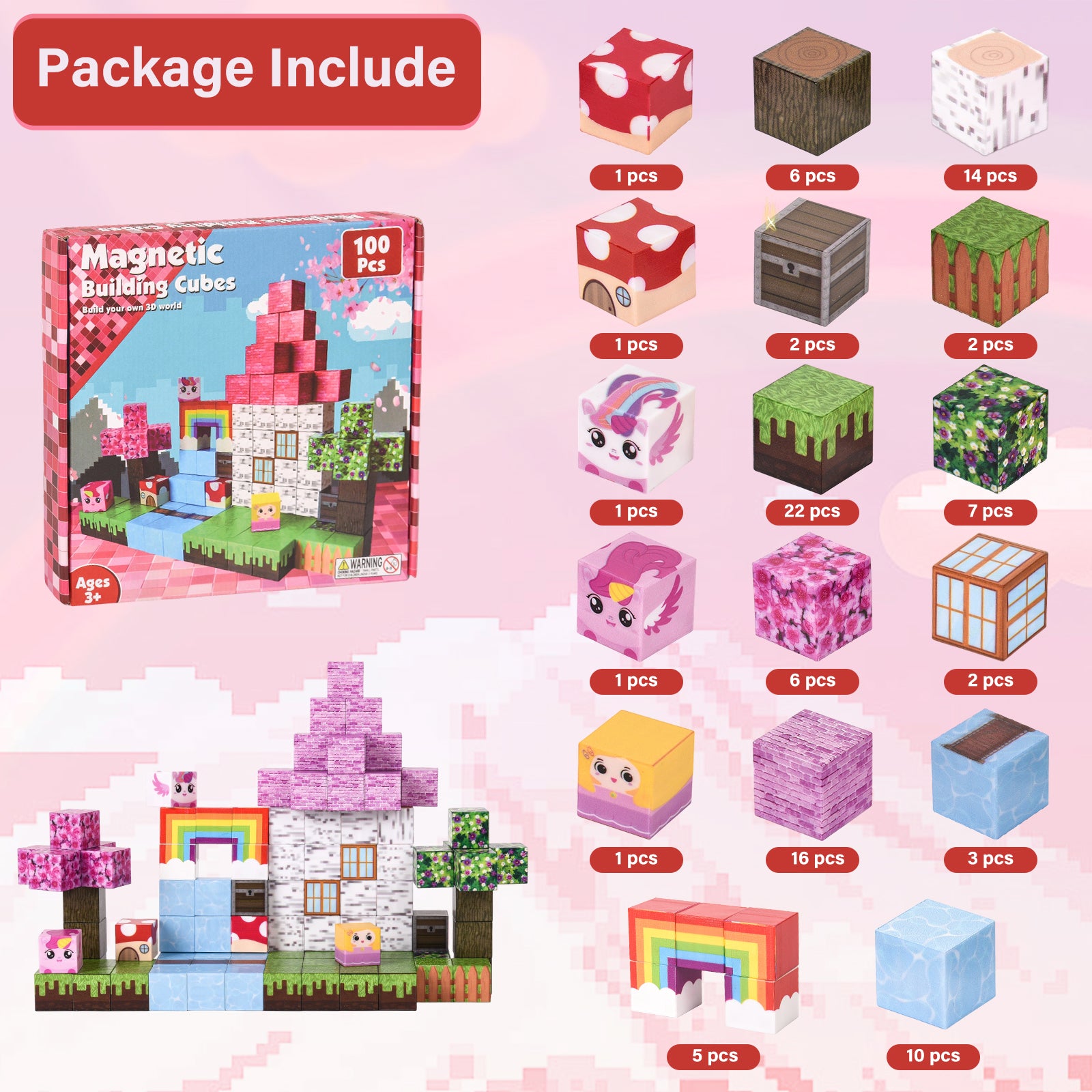 Child building fairy tale scene with unicorn magnetic cube blocks