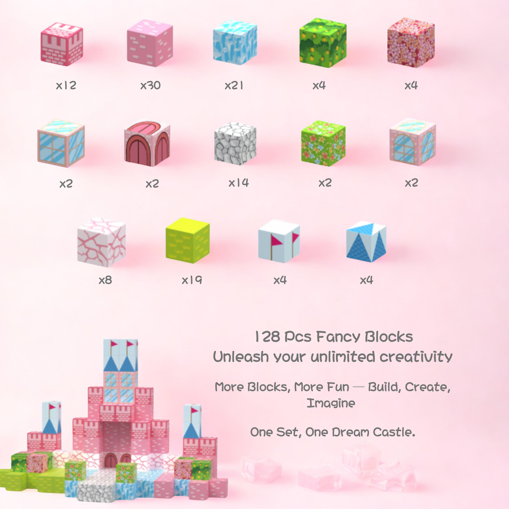 Child building pink castle with magnetic blocks STEM toy
