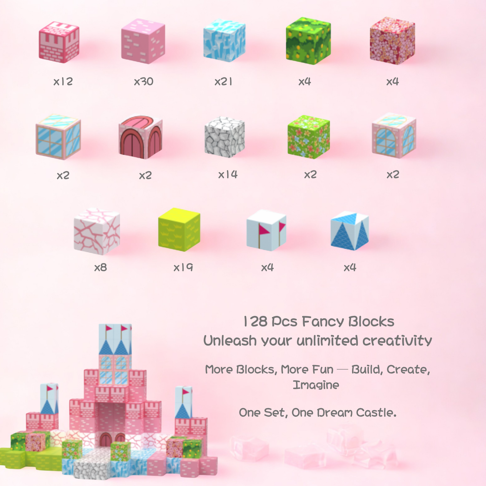 Child building pink castle with magnetic blocks STEM toy