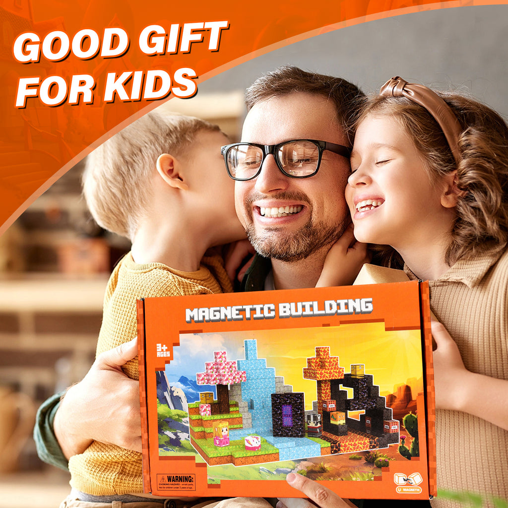 Magnetic building blocks set in gift-ready retail box