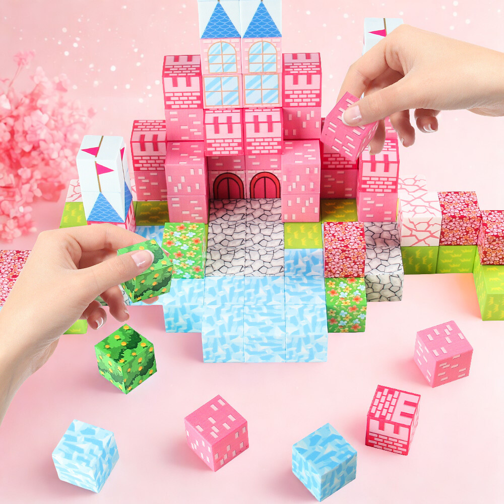 Pink castle magnetic blocks with pink drawstring storage bag