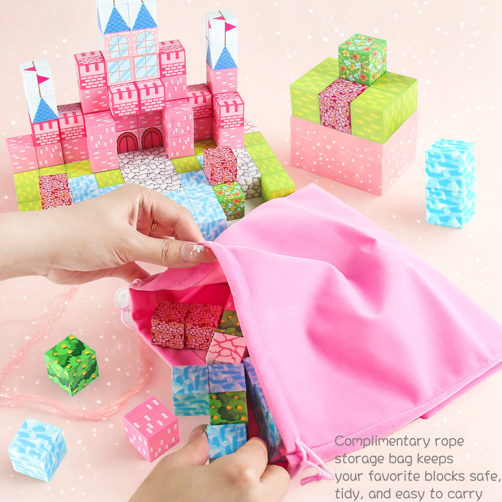 Completed pink castle structure built with magnetic building blocks