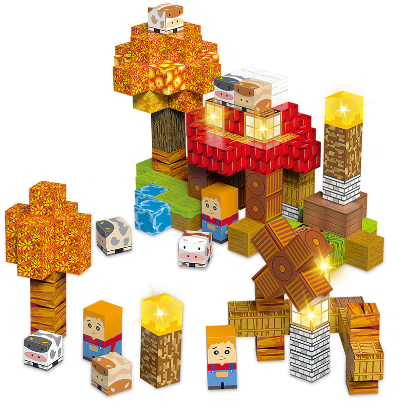 Child building farm scene with magnetic building blocks STEM toy