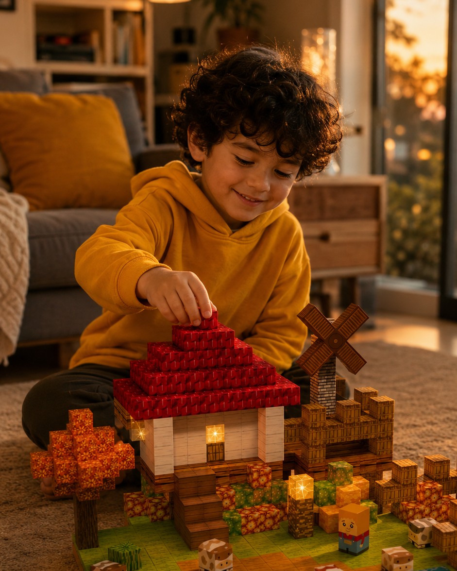 Child building a MillieFun magnetic block farm set in warm evening light