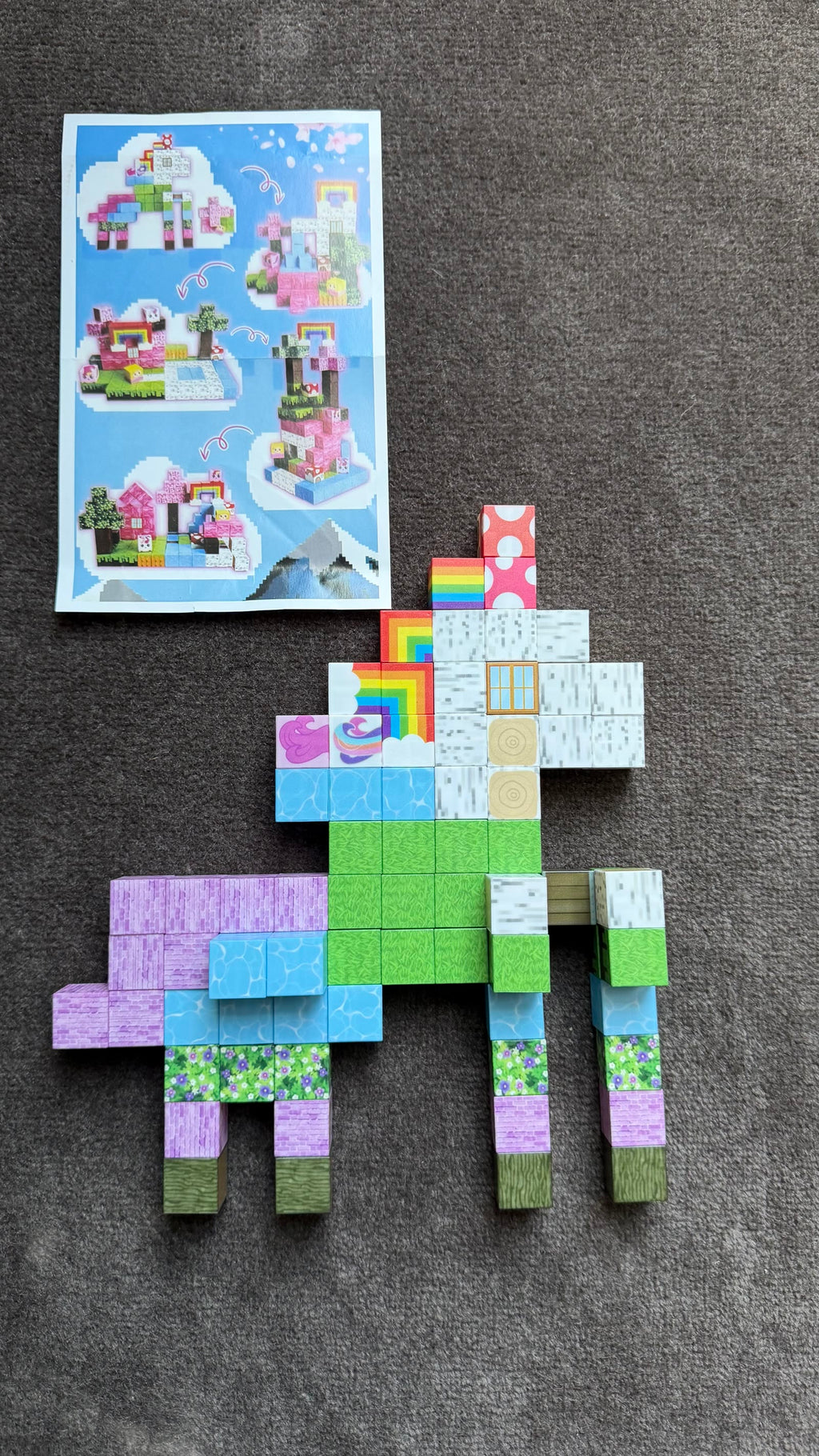 Real photo of a unicorn shape built from MillieFun magnetic cubes